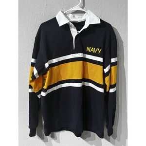 Barbarian Rugby Wear  NAVY Rugby Shirt Mens L Blue Gold Stripe